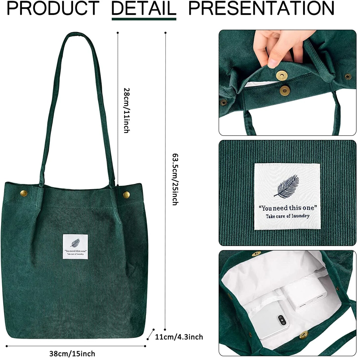 Corduroy Tote Bag Large for Women Girl Lady Canvas Shoulder Cord Purse and Handbags with Inner Pocket